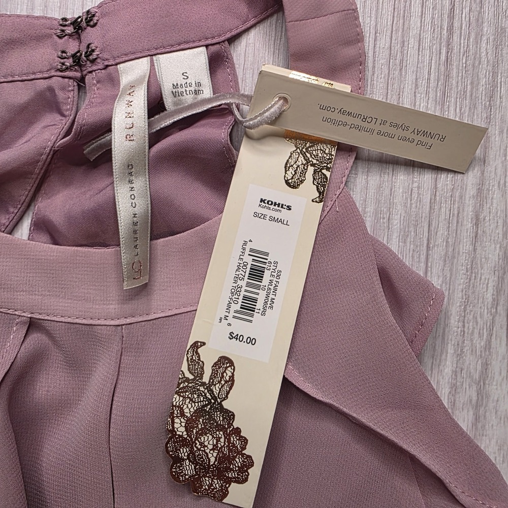 LC Lauren Conrad Runway Collection Faint Mauve Ruffle Halter Top S Ruffle NWT - Picture 6 of 9
